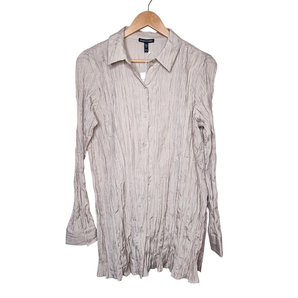 Eileen Fisher Crinkle Silk Classic Button Up Shirt Women's Size Medium